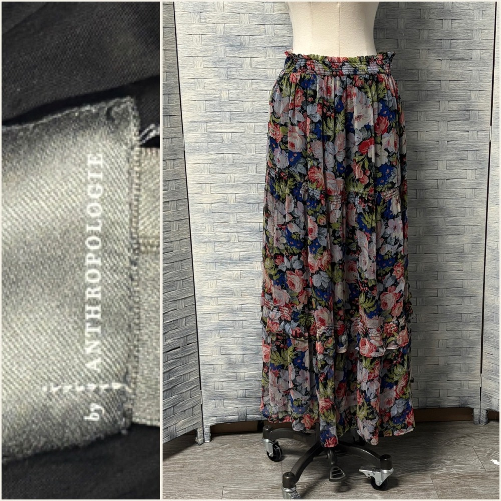 Anthropologie Tiered Floral Maxi Skirt M Ruffle Waist‎ Boho Fairy Cottagecore